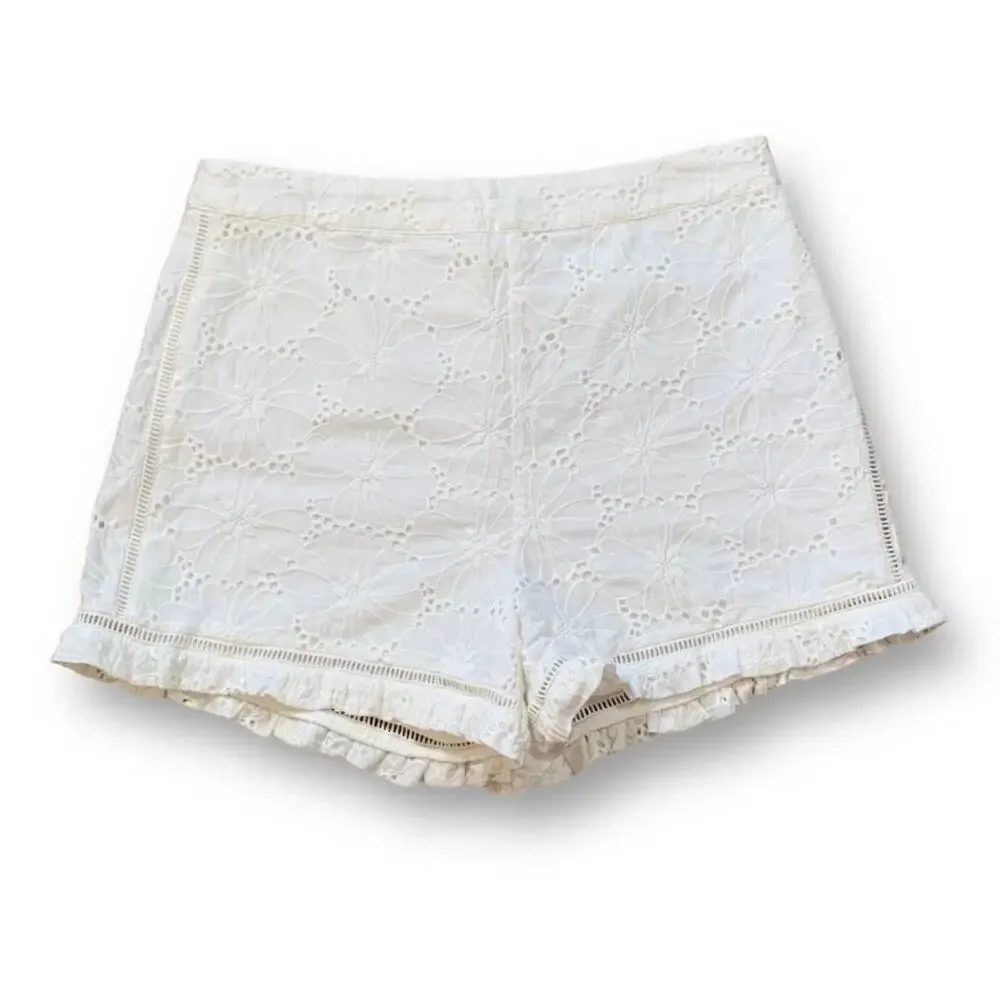 J.O.A Los Angeles White Eyelet Lace Shorts High Waist Ruffle Hem Retro Feminine
